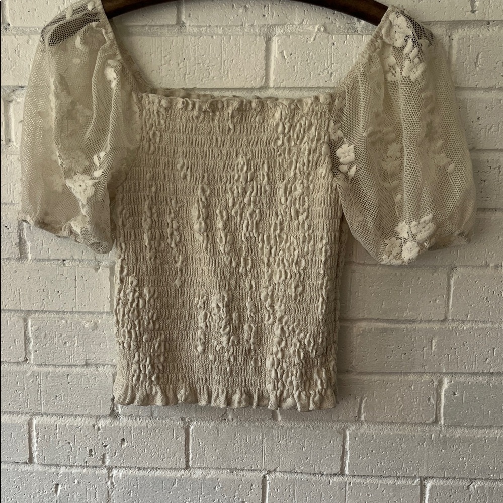 Willow & Root Lace Puff Sleeve Smocked Blouse Crop Top Cream M Square Neck Boho